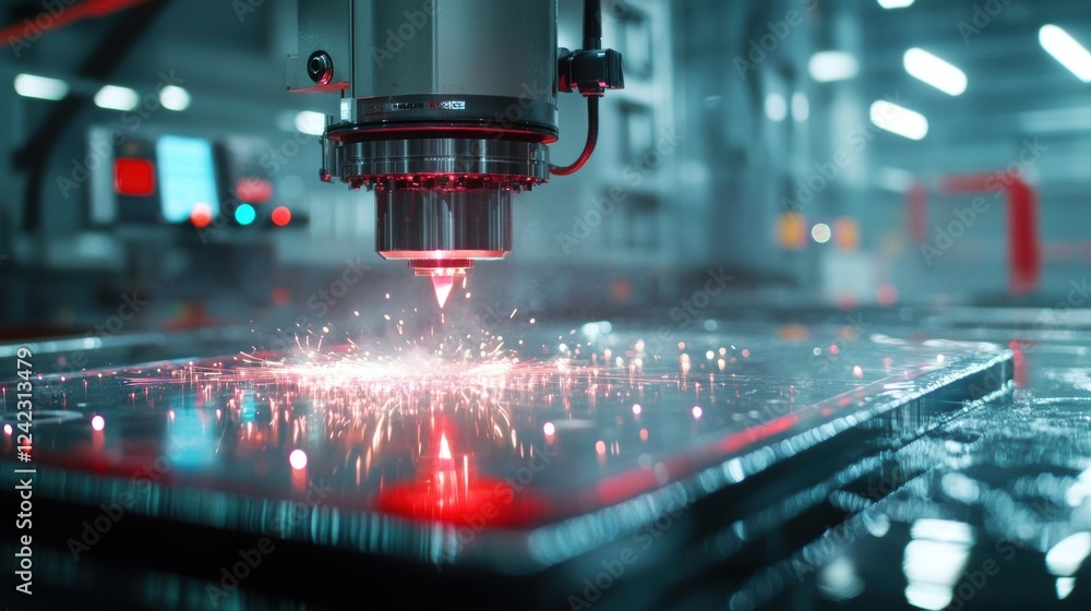 Poster automated laser cutting machine precisely processing metal sheet, generating sparks and demonstratin
