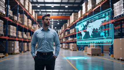 worker in warehouse, Logistics Expert with Supply Chain Overview Using Digital Graphics for Enhanced Efficiency and Planning