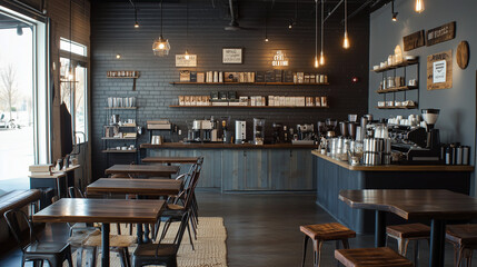Cozy Coffee Shop Interior with Wooden Tables and Barista Area. AI Generated Images

