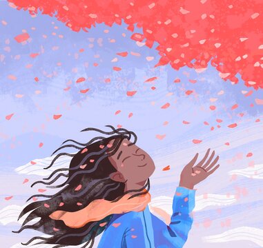 smiling girl enjoy the flying spring petals