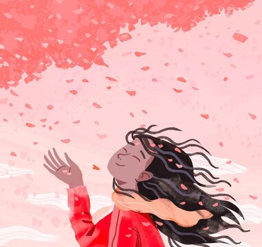 smiling girl enjoy the flying spring petals