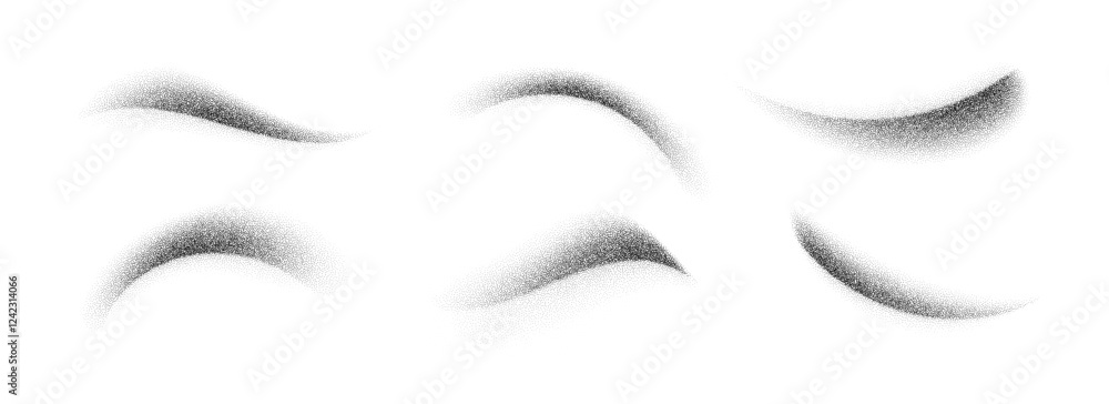Poster stippled curved brush stroke set. wavy grainy spray element collection. black flowing sand splashes 