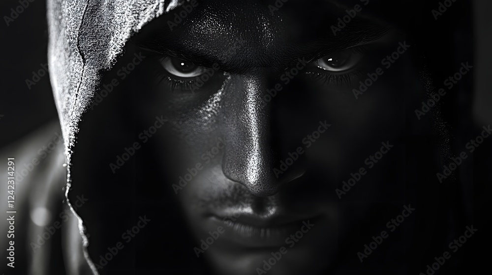 Poster a dramatic high contrast editorial style portrait of a serious looking ethical hacker examining cybe