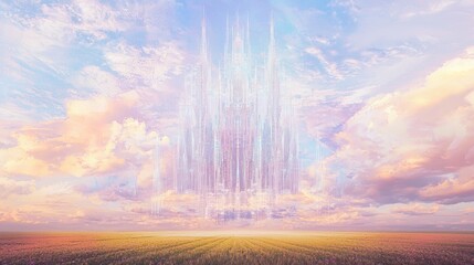 Ethereal Futurism: Tower Collage in Pastel Orchard Landscape with Fractal Illusions | Ultra-Detailed Sci-fi Artwork Concept