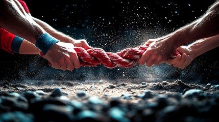 Intense tug-of-war competition between two teams on a dusty terrain, showcasing determination and teamwork