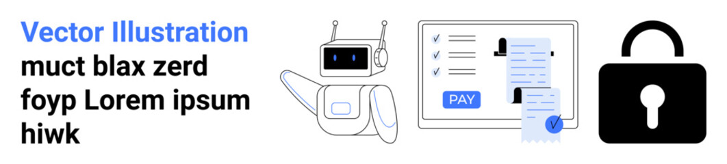 Robot assisting with digital checklist and online payment, lock icon for security emphasis. Ideal for fintech, AI tools, online security, automation, payment systems, user interfaces, abstract line