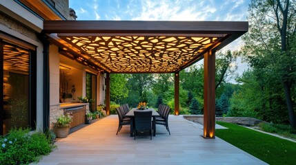 Open-air patio with a geometric roof extension for stylish shade.