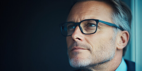 Fototapeta premium Thoughtful man looking out window, wearing glasses, deep in contemplation. His expression reflects moment of reflection and focus on future possibilities