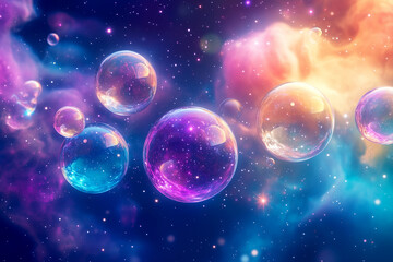 Naklejka premium A surreal cosmic bubble background featuring galaxy colors, nebula-inspired swirls, and floating celestial bubbles