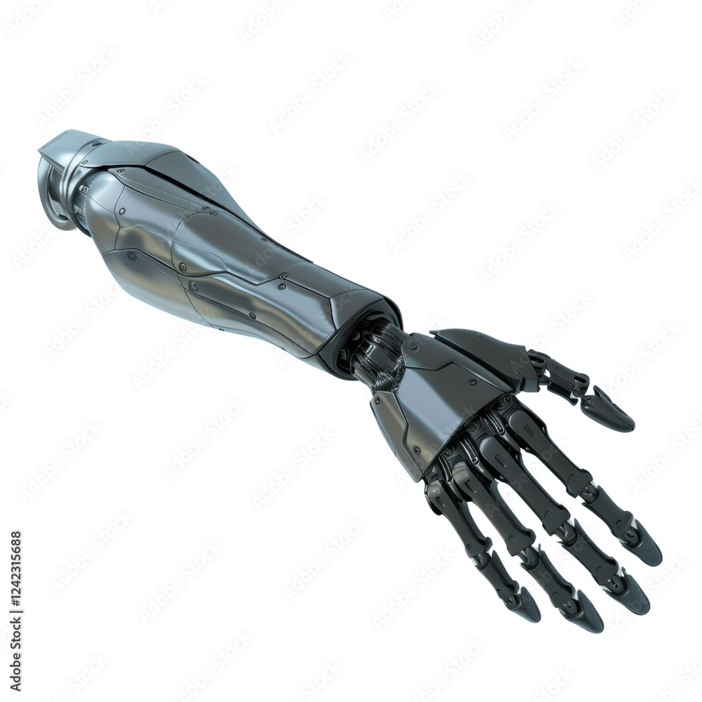 Poster futuristic robotic arm with metallic finish and articulated fingers, showcasing advanced technology 