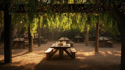 Outdoor dining pavilion with hanging vines and rustic wooden tables.