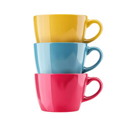 Brightly colored ceramic cups stacked together, showcasing vibrant yellow, blue, and pink hues. Perfect for adding cheerful touch to any kitchen or dining setting