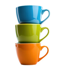 Colorful stacked cups in blue, green, and orange create vibrant display. Perfect for adding cheerful touch to any kitchen or dining setting