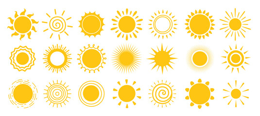 Sun icon yellow clipart set. Sun drawing logo and symbol clip art with variety of sunrays in yellow graphic elements collection vector illustration.  
