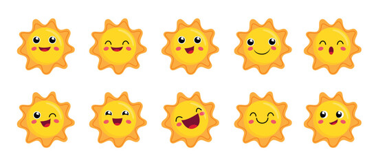 Sun happy characters clipart set. Sun yellow emoticon clip art with happy and cute face drawing elements collection vector illustration. 
