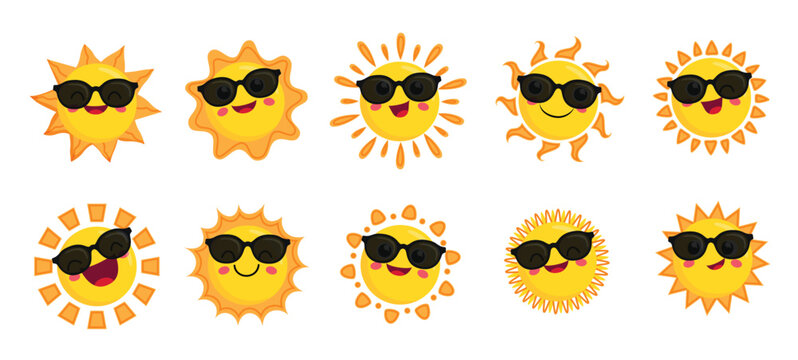 Sun face sunglasses clipart set. Yellow sun drawing characters wearing sunglasses clip art collection in cool and happy facial expression vector illustration.  
