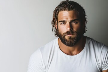 Obraz premium A Portrait of a Man with a Beard and Wet Hair