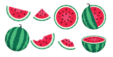 Watermelon summer fruit clipart set. Tropical fruit watermelon drawing in whole, slice and cut elements clip art collection vector illustration. 

