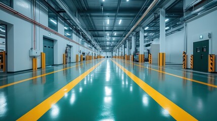 Clean industrial factory interior with teal epoxy floor and yellow lines.
