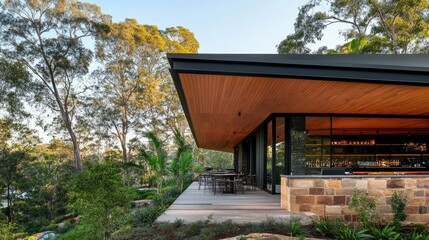 Rooftop bar with a stylish wooden overhang for weather protection.