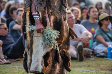 Human hands hold wooden dish with Australian plant branches, the smoke ritual rite at a indigenous community event in Australia