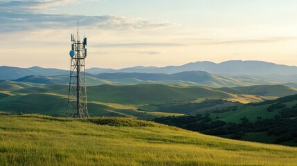 Obraz premium A rural communication tower surrounded by green hills and open fields.