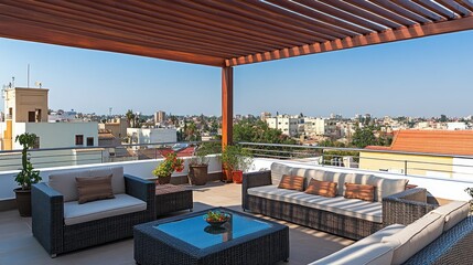 Obraz premium Rooftop pergola with wooden beams creating a stylish viewing space.