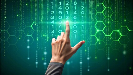 Obraz premium Digital Finger Touching Glowing Binary Code with Green Hexagonal Patterns Background