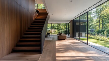Obraz premium Modern home interior with wooden staircase, hardwood floors, and large windows overlooking a garden.