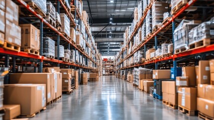 Rows of tall racks with neatly arranged cardboard boxes.