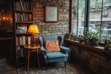 Obraz premium Cozy café interior with bookshelves and warm lighting