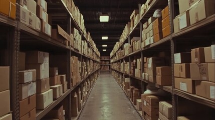 Rows of tall racks with neatly arranged cardboard boxes.