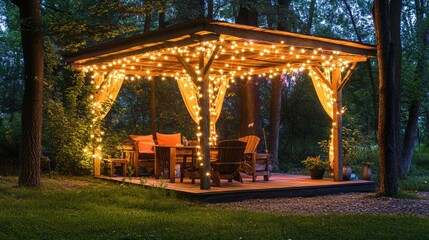 Fototapeta premium Rustic wooden pavilion with fairy lights illuminating the night.