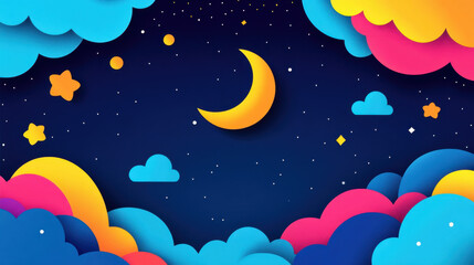 Obraz premium colorful night sky with clouds, stars, and crescent moon creates whimsical atmosphere. vibrant colors evoke sense of wonder and imagination