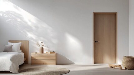 Minimalist Child's Bedroom with Light-Colored Walls and Wooden Dresser