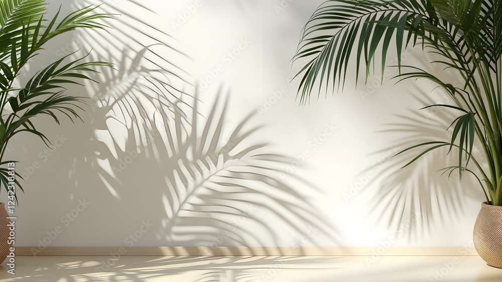 Poster 3D render of a white wall with shadows from a palm leaf. Generated by AI
