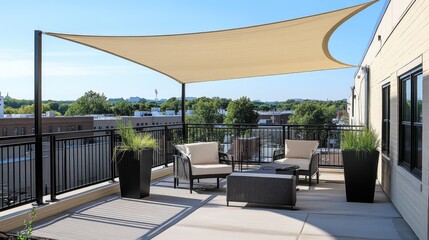 Fototapeta premium Sleek urban rooftop lounge with an extended shade canopy.