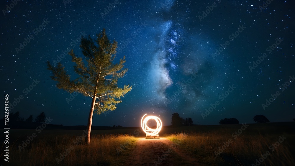 Poster milky way over a tree in the middle of a field at night. generated by ai