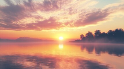 Obraz premium Serene Sunrise Over Calm Water with Colorful Clouds and Reflective Surface in Tranquil Landscape