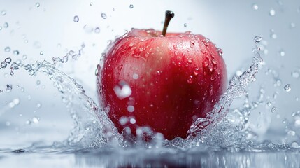A single red apple with water droplets on a clean white background.