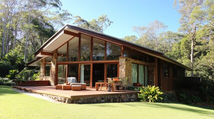 Sloped roof extension creating a shaded observation deck on a modern home.