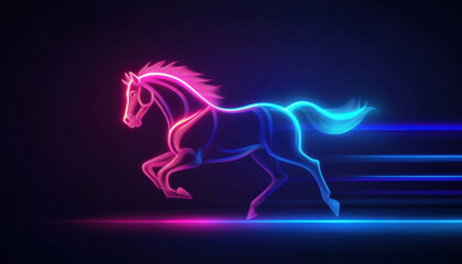 vibrant horse running in neon blue and purple colors, creating dynamic and energetic atmosphere. glowing effect emphasizes speed and grace