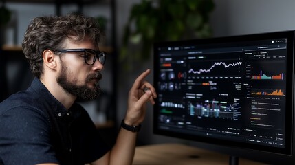Businessman Strategizing with Virtual KPI Dashboard and Real-Time Analytics