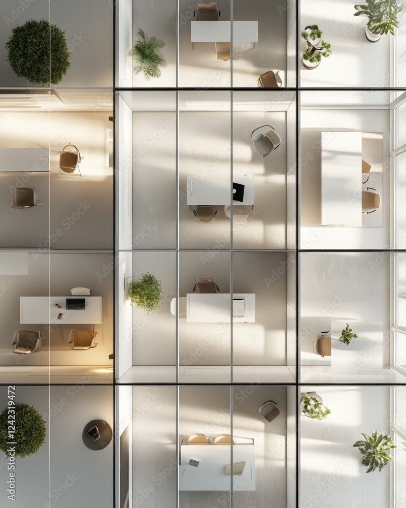 Poster aerial view of modern office space design: sunlight streaming through glass partitions illuminating 