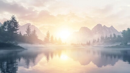 Serene Sunrise Over Misty Lake Surrounded by Majestic Mountains and Lush Trees in Tranquil Nature Setting