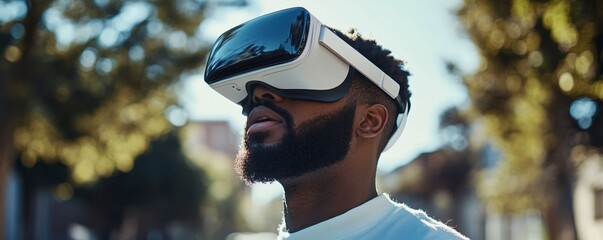 Young man using virtual reality glasses outdoors in urban setting