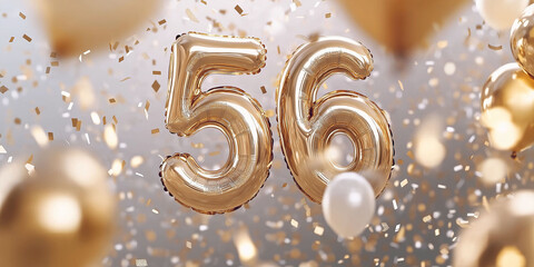 Gold balloons floating, with more balloons and confetti on a grey background. Decorations for birthdays or anniversaries