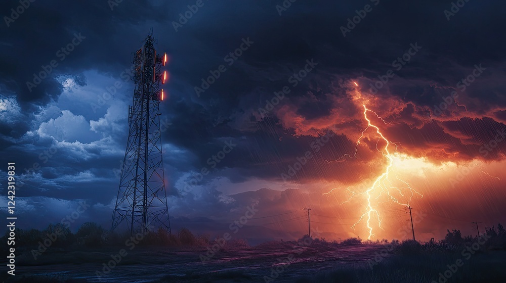 Aufkleber a stormy sky with lightning striking near a towering telecom structure.