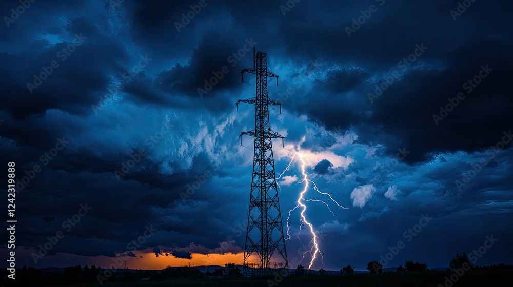 Poster a stormy sky with lightning striking near a towering telecom structure.