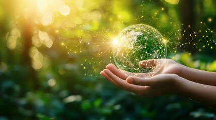 Hands holding digital globe, nature background, global connectivity, environmental concept, website banner